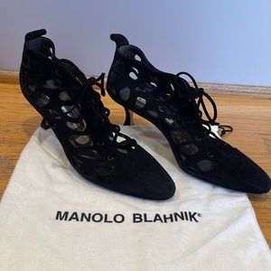 Manolo Blahnik black suede heels with cut out and lace up details size 37.5